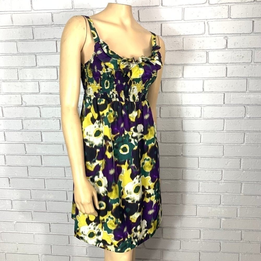 Maeve Anthropologie Purple Yellow Floral Smocked Ruffle Mini Dress Boho XS